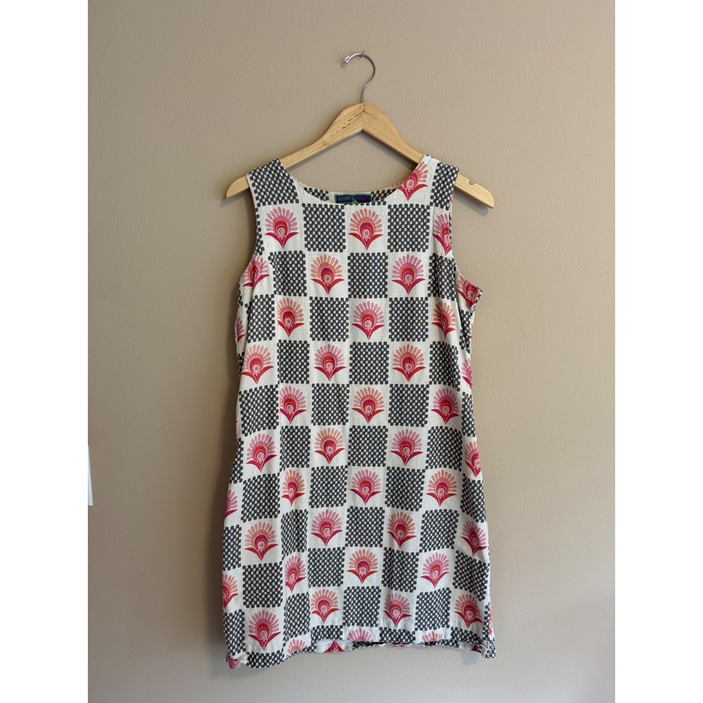 100% Cotton Linen Blend Summer Pink Floral Checkered Shift Dress Large‎